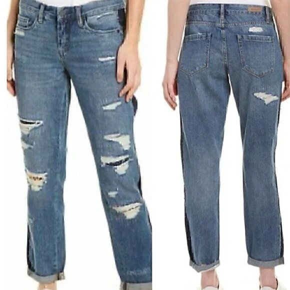 BLANK NYC BLANKNYC Patchwork Distressed Side Striped Crop Girlfriend Jeans Boho - Picture 3 of 14